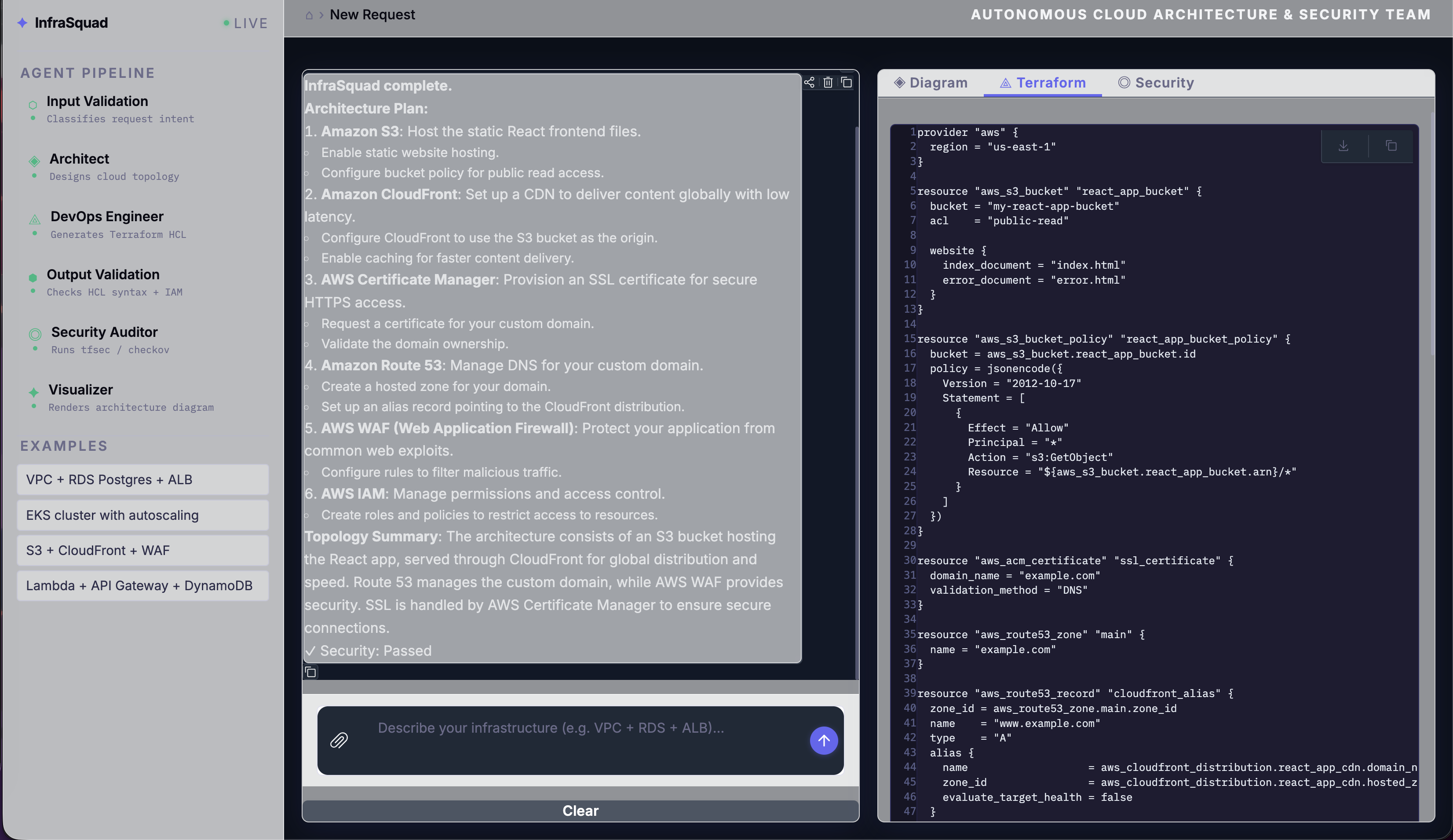 InfraSquad Terraform output showing the generated HCL code in the UI panel
