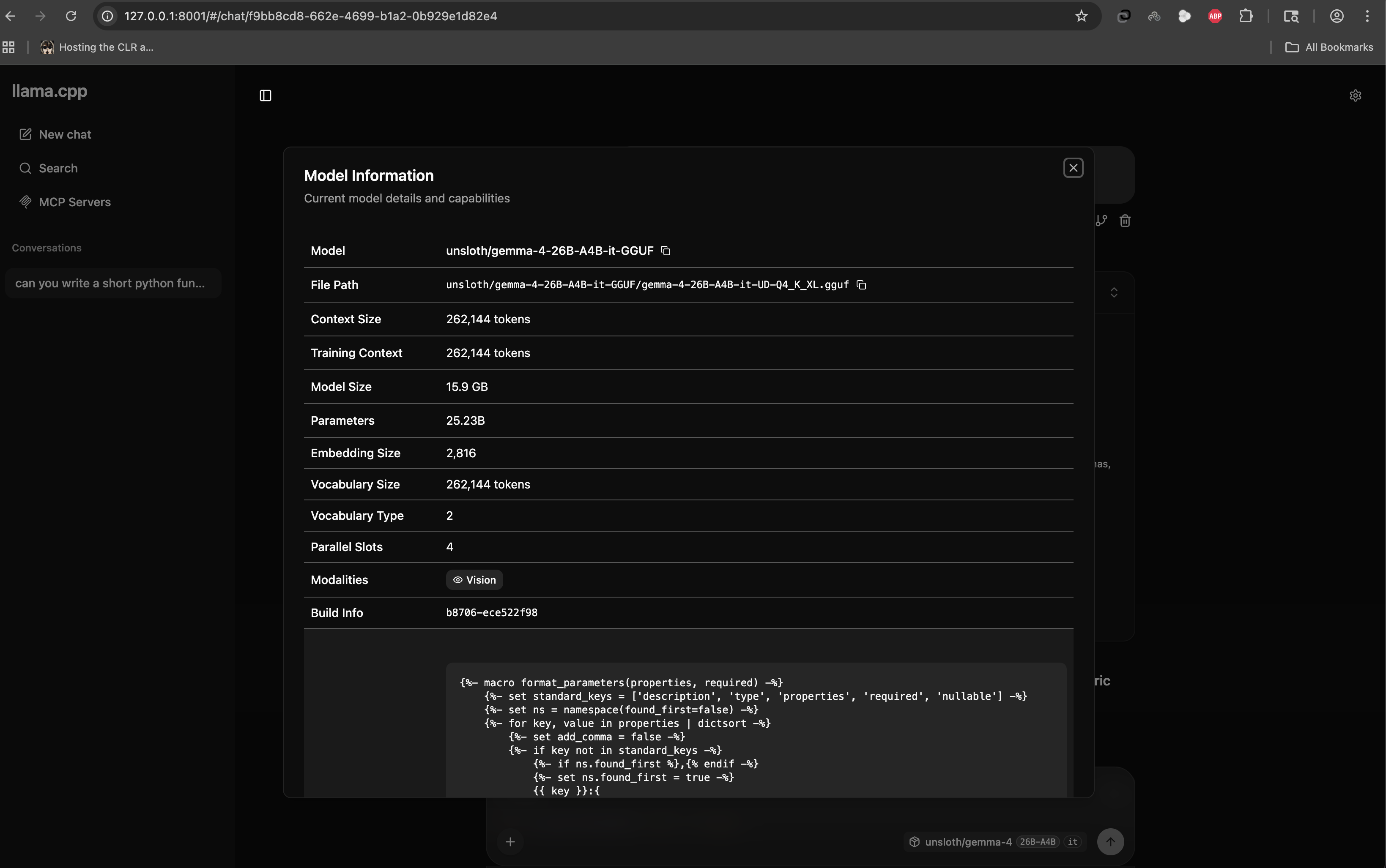 Gemma-4 26B loaded and serving in llama.cpp. 15.9GB model size, 25.23B parameters, 262K token context window, and Vision modality confirmed.