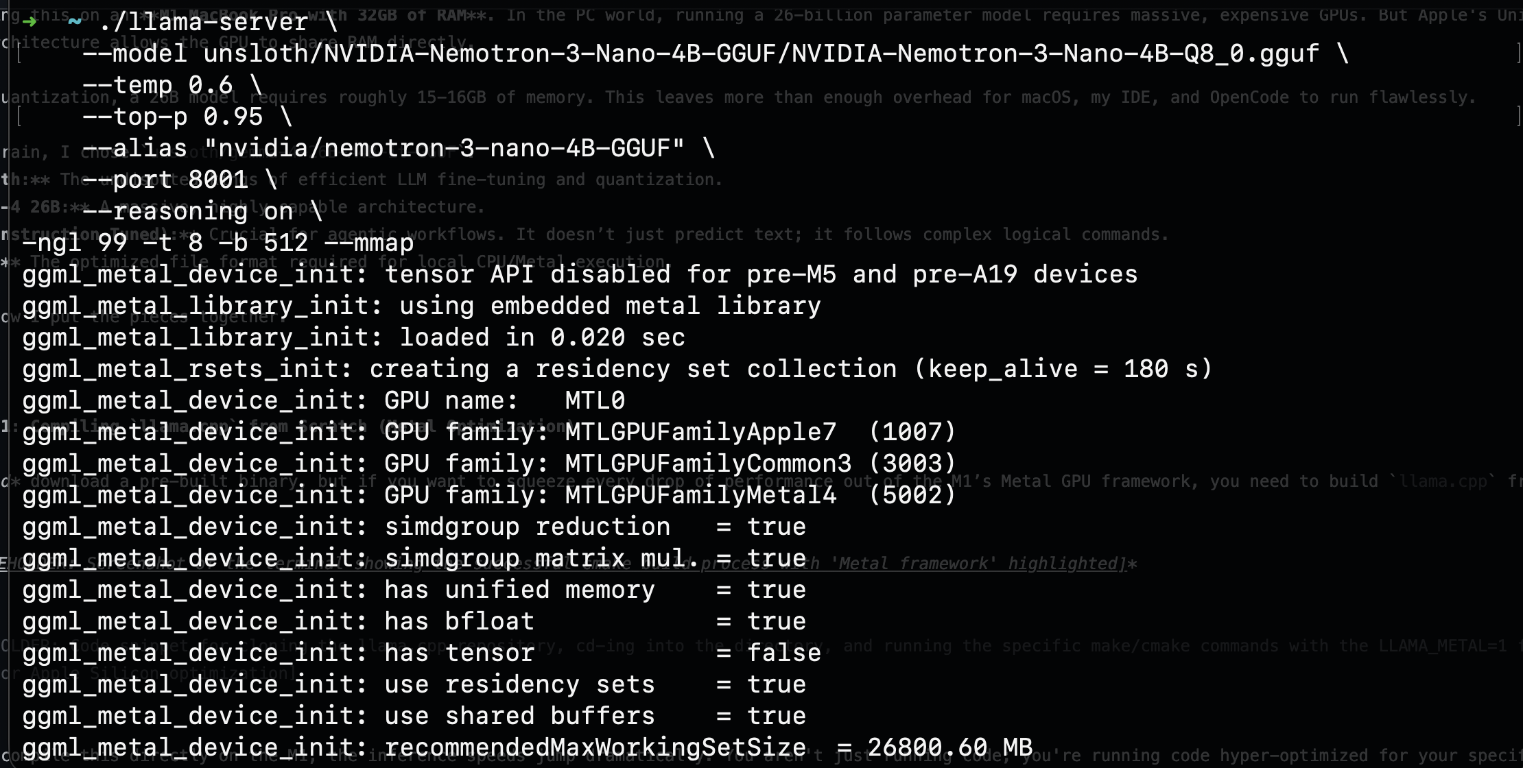 Metal GPU framework initialization on the M1. Note the unified memory confirmation, bfloat support, and the recommendedMaxWorkingSetSize confirming access to the full 32GB memory pool.