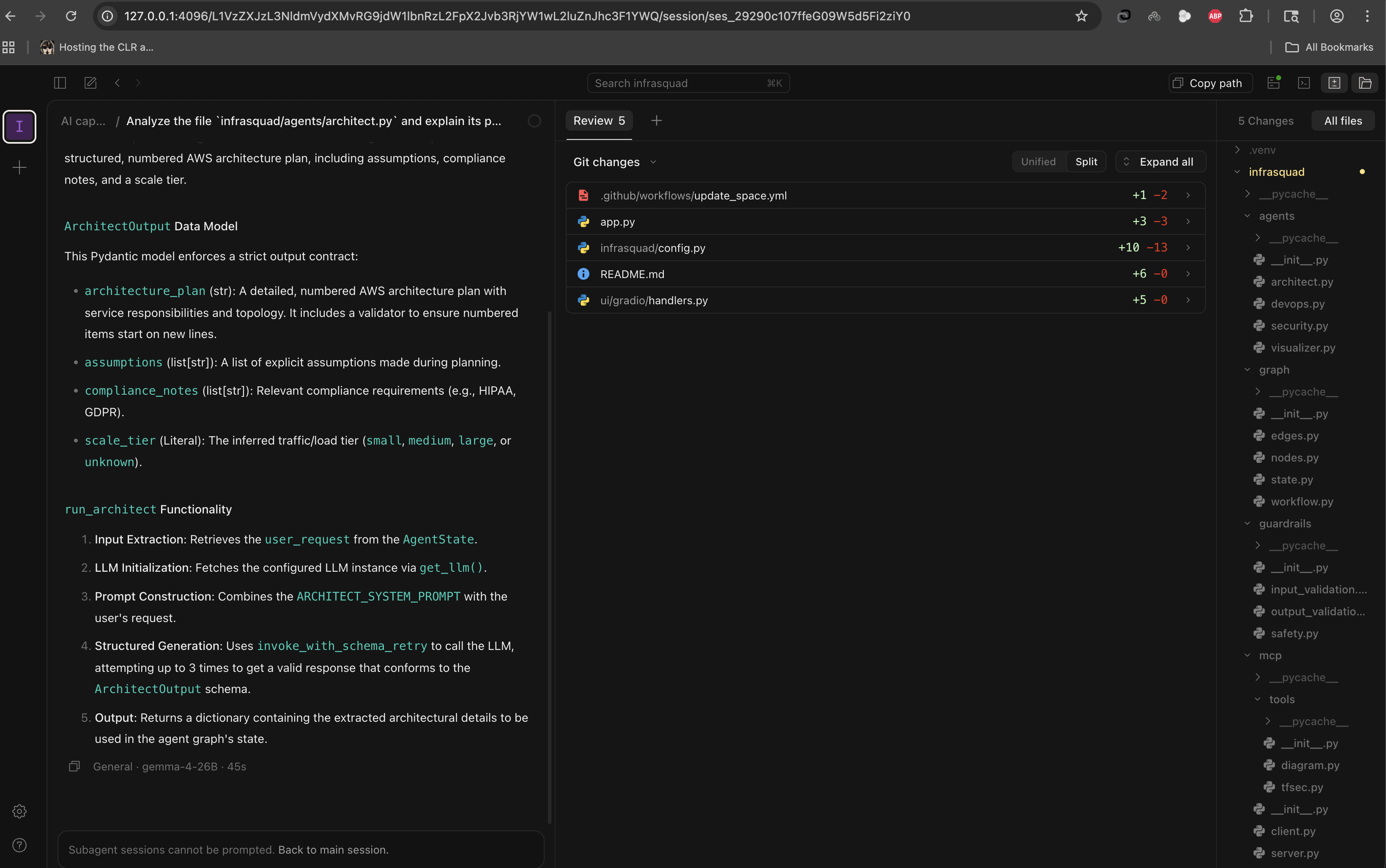 OpenCode analyzing a codebase, powered by Gemma-4 26B running fully offline on an M1 Mac